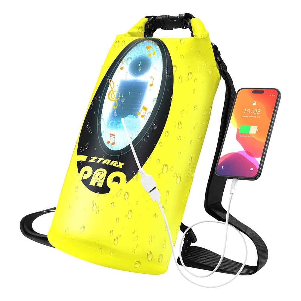 Solar/Battery Powered Multi-Functional Waterproof Backpack, Bluetooth Speaker, IP66 Waterproof Dry Bag, Heavy Duty Roll Top Closure, Large Capacity Bag for Camping, Hiking, Traveling (Orange 10L)