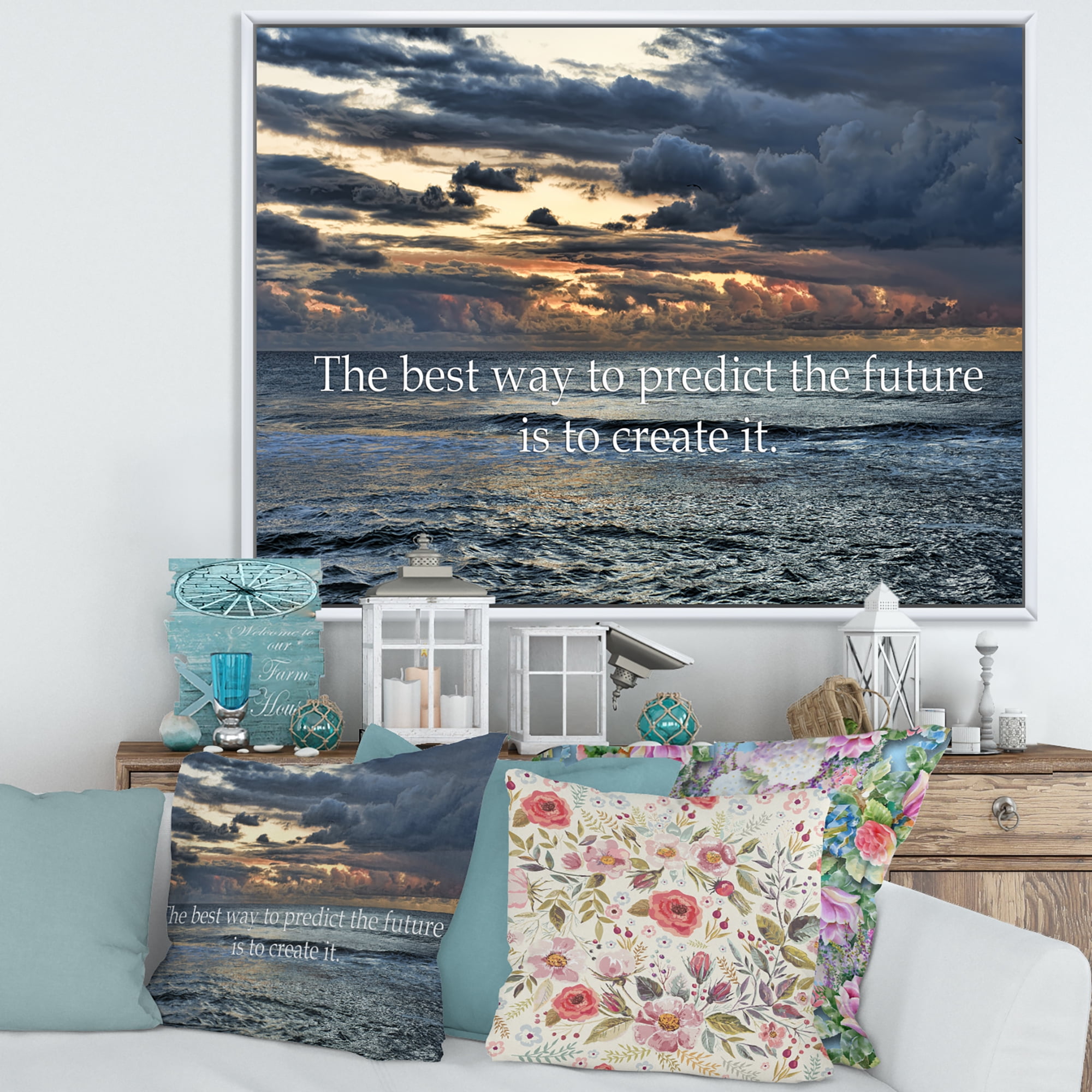 Designart 'The Best Way To Predict The Future Is To Create It Blue Ocean' Nautical & Coastal Framed Canvas Wall Art Print