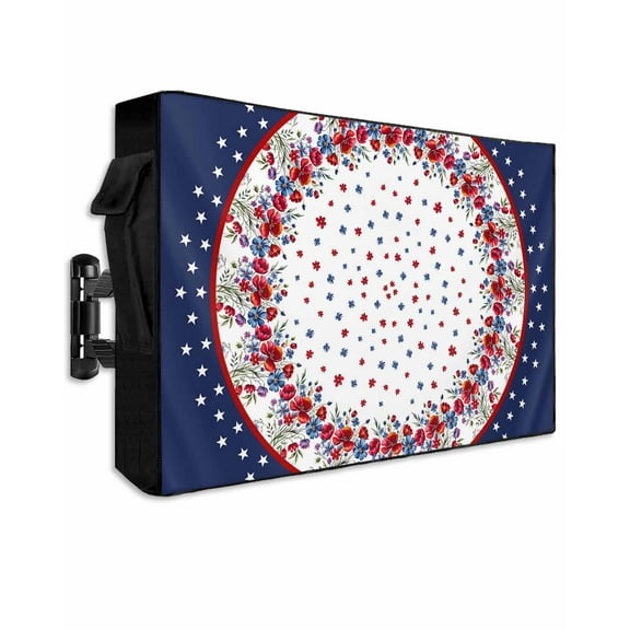 Red Flowers Outdoor TV Cover 48 to 50 Inch Weatherproof, Independence Day Stars Retro Country 600D Oxford TV Covers with Waterproof Zipper, Outside Flat TV Screen Protector Size 48"W x 30"H x 4.5"D