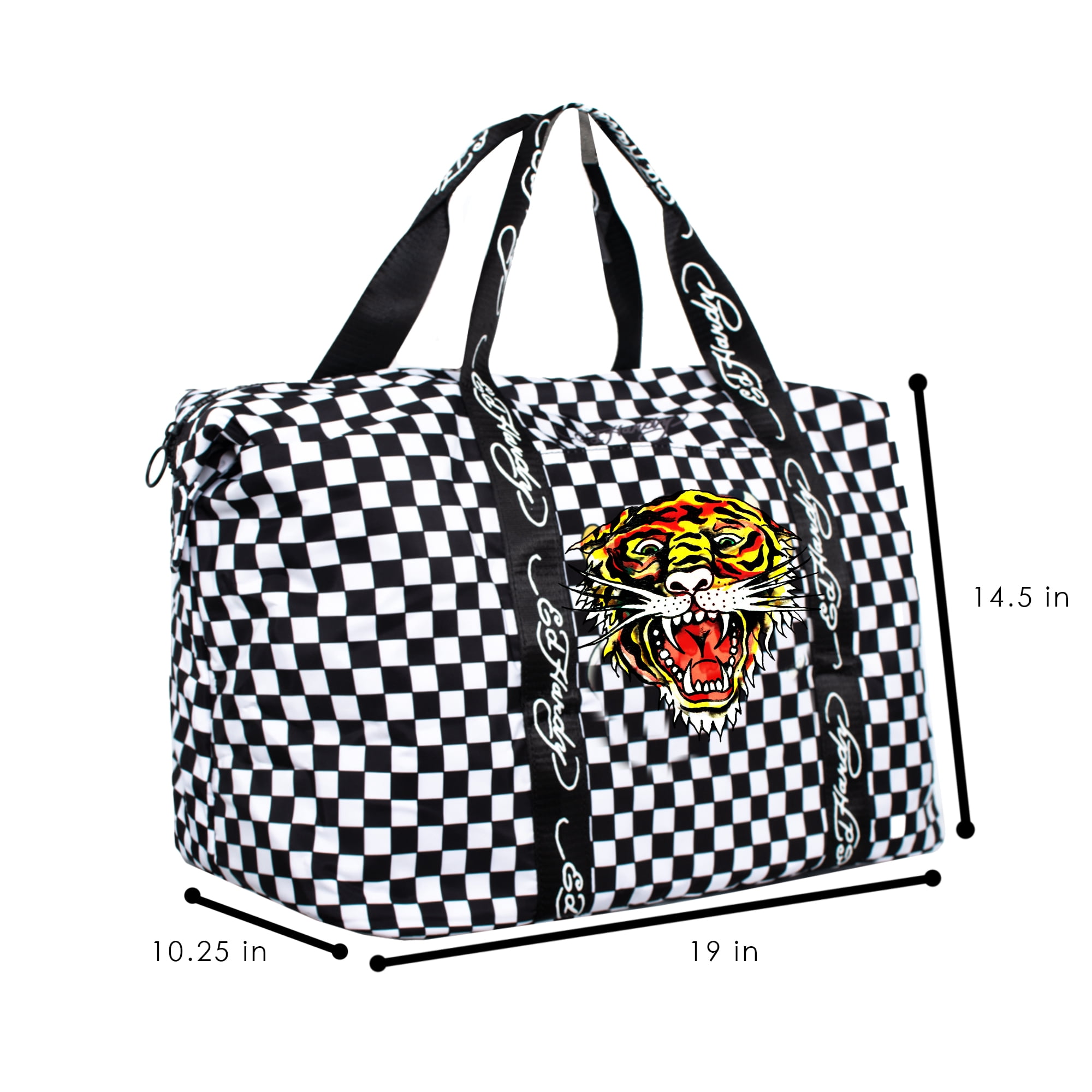 Ed Hardy Unisex Black Checkerboard Tiger Tatoo Print Nylon Duffle Bag With Adjustable Shoulder Strap