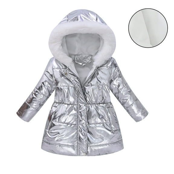 Kids Winter Coats Hooded Puffer Jacket Silver Puffer Jacket Full-Zip Long Sleeve Waterproof Girls Thicken Jacket 6-7 Years Jacket Girls