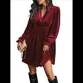 thumbnail image 2 of Vestido Elegante Retro Corto Holgado con Escote en V y Larga de Terciopelo de Color Liso para Mujer, Ropa de Moda para Otoño e Invierno. Vino Tinto L, 2 of 9