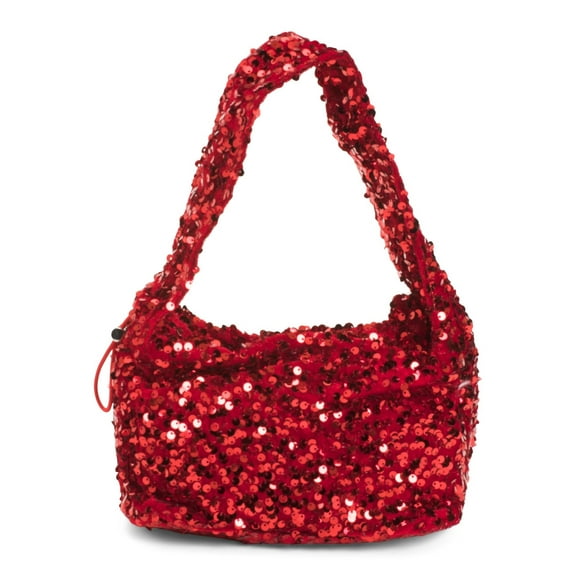 Most Wanted Sequin Scrunchie Strap Bag, Red Velvet, 9W x 6H inches, Magnetic Closure