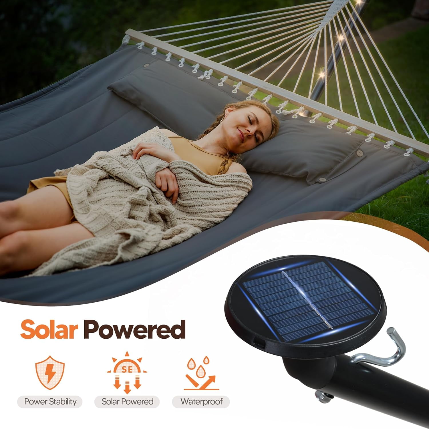 SUNCREAT Double Hammock with 12 ft Stand, Solar Powered Lights Included, Outdoor Hammock for Outside, Dark Gray
