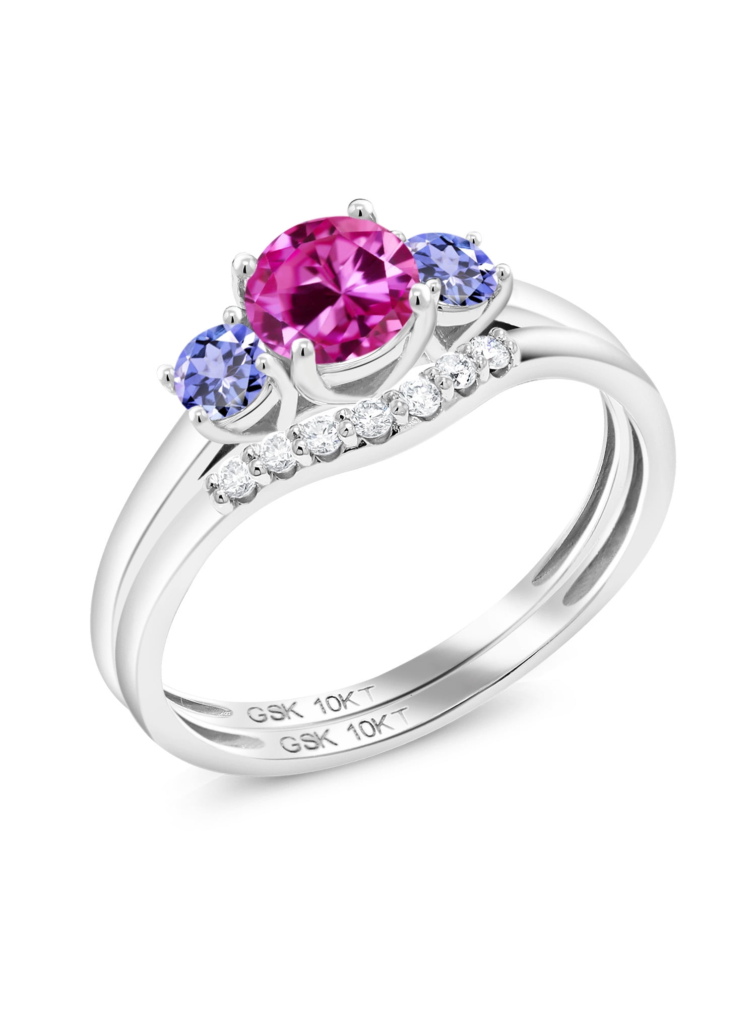 0.86 Ct Round Pink Created Sapphire Blue Tanzanite 10K White Gold Lab Grown Diamond Ring by