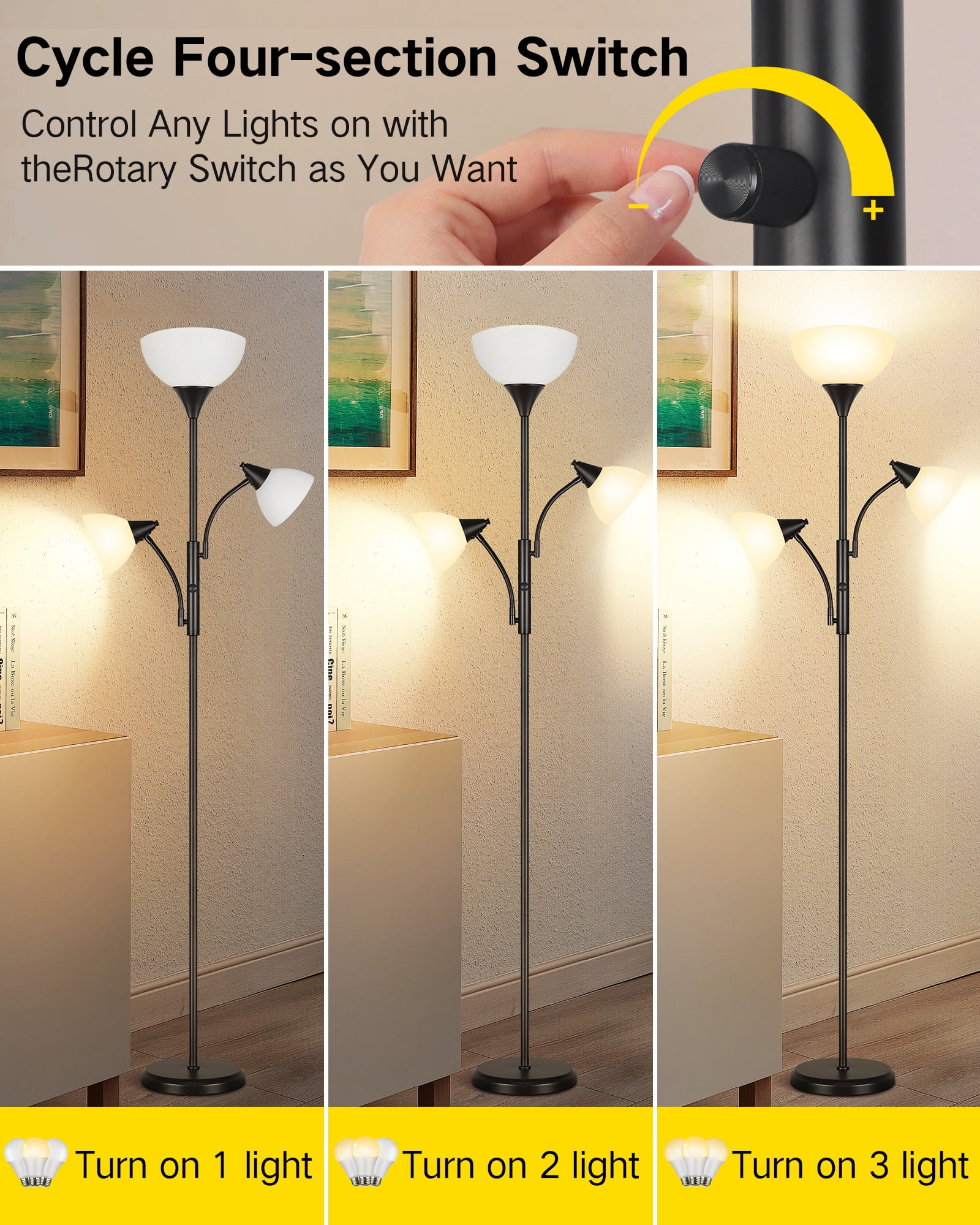 OUTON Torchiere Floor Lamp with Reading Light for Living Room, LED Standing Lampwith Remote Control for Bedroom, Modern Tall Reading Light, Black