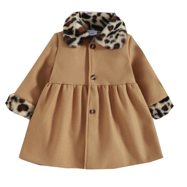 Toddler Children Girls Winter Long Sleeve Leopard Print Pink Wool Coat