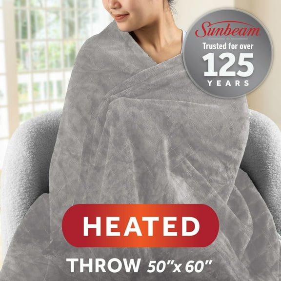 Sunbeam Heated Throw Blanket Quilted Velvet Reverse Sherpa Dove Gray 4 Heat Settings 4 Hour Auto Shut Off 50"x60"
