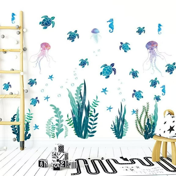 Fresh Plant Wall Stickers DIY Ocean Coral Reef and Seaweed ,Seaweed decals, turtle stickers, jellyfish stickers for Home Bedroom Bathroom Classroom Decorations,Peel and Stick Wall Art Decals for Livi