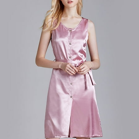 

KUNPENG Women None Sleeve Printed Nightwear Satin Button Belt Sleepwear
