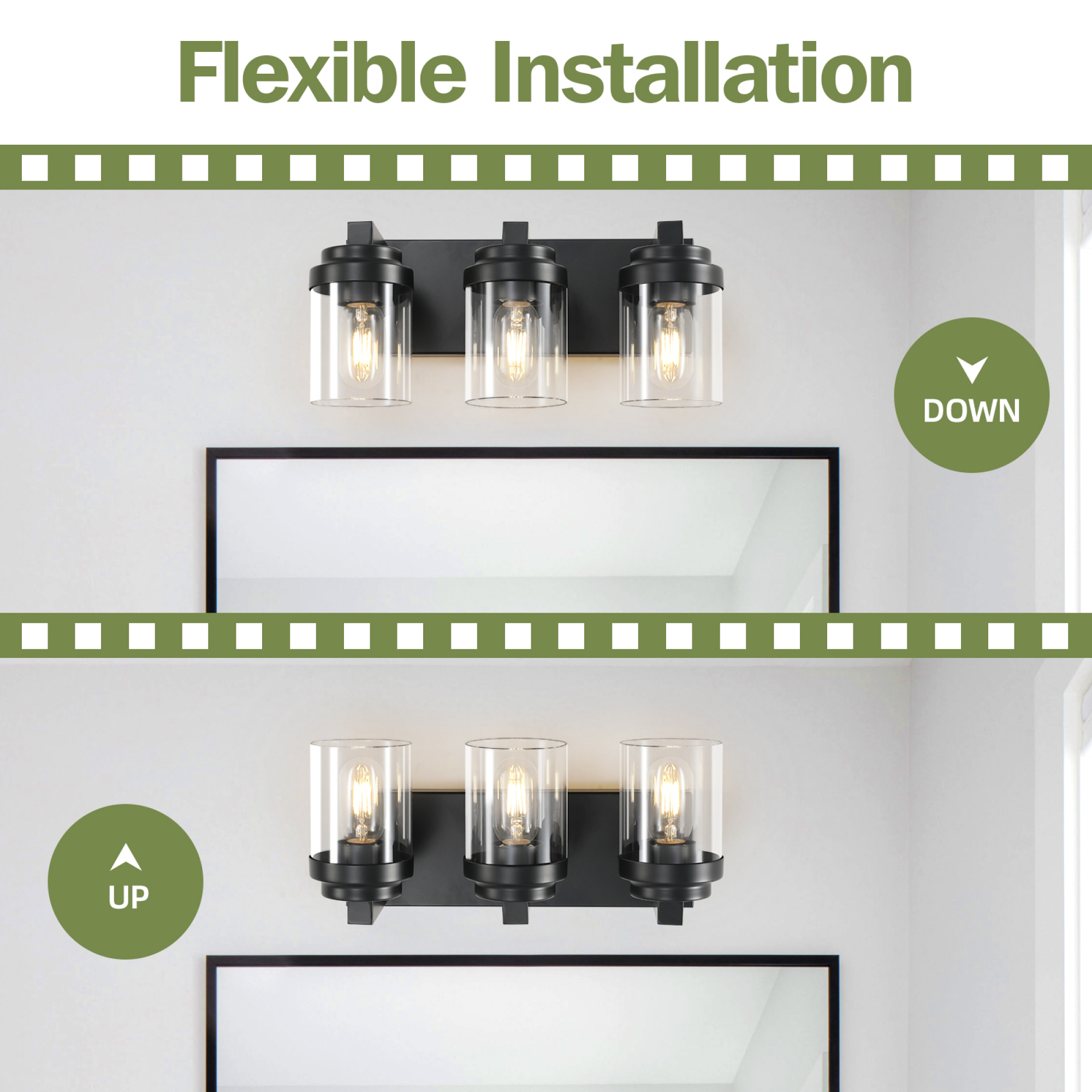 Leumius 3-Light Bathroom Light Fixtures Over Mirror Bathroom Vanity Light, Black Vanity Lights with Clear Glass Shade, Modern Bathroom Light Fixtures for Bedroom, Hallway(No Bulbs)
