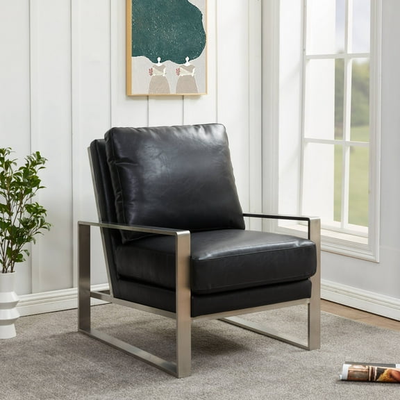 LeisureMod Jefferson Modern Faux Leather Design Armchair With Elegant Silver Frame Modern Living Room Accent Armchair (Black)