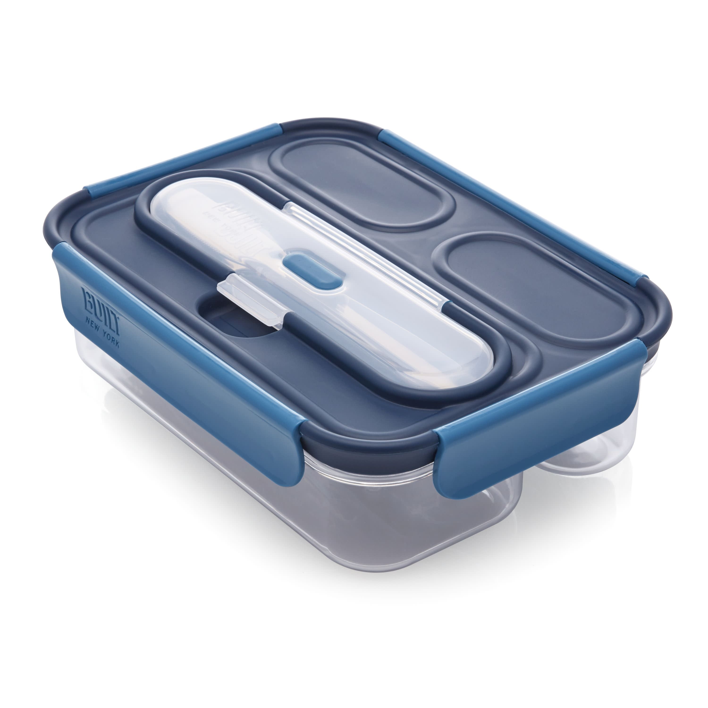CreekView Home Emporium Collapsible Food Container - Blue Bento Lunch Box  with 3 Compartments and Silverware in Lid
