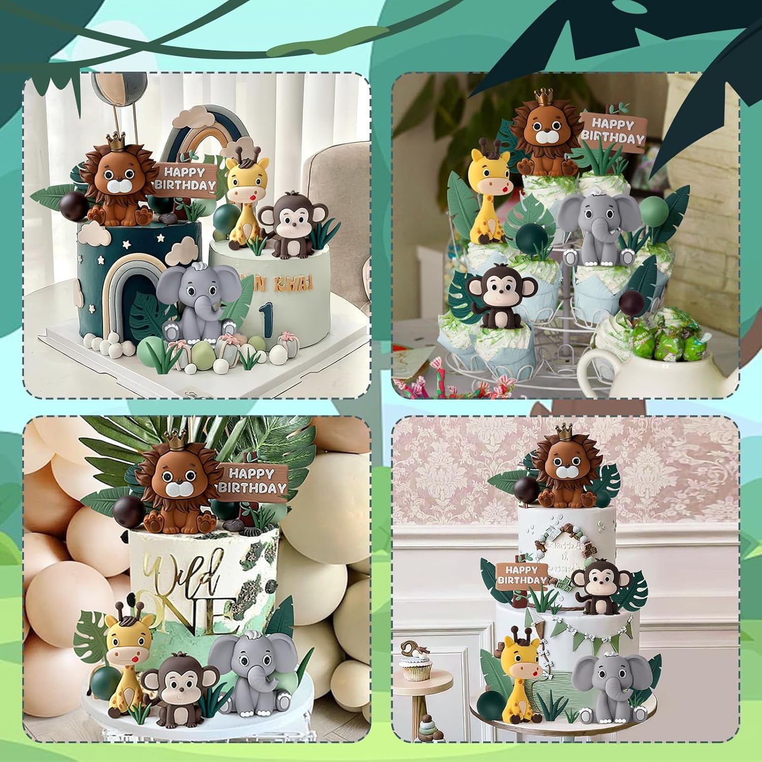 19pcs Safari Animal Cake Topper - Jungle Wild Toppers with Leaves Balls Decorations for Animals Themed Birthday Party (Safari Style)