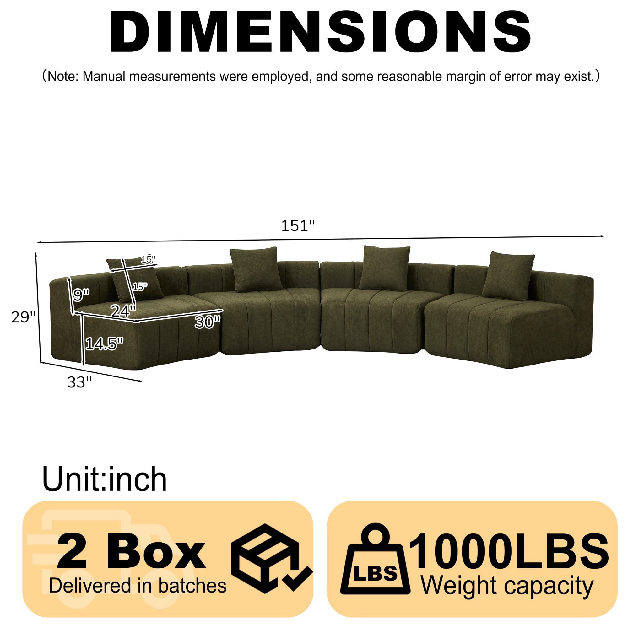 Sailvan Curved Sectional Sofa, Modular Semi Circular Chenille Couch with 4 Pillows, No Assembly Symmetrical Cloud Sofa for Living Room Green