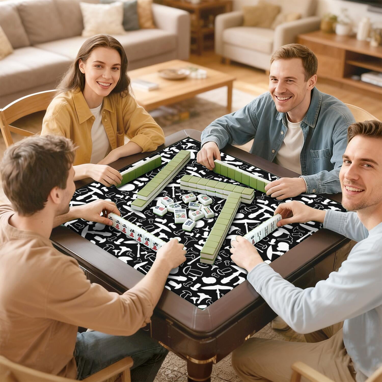 31.5 Inch Plants Style Mahjong Playing Surface Made of Durable Rubber Featuring Anti-Slip Backing and Noise Dampening Technology for Multi-Game Activities