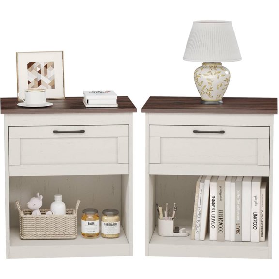 Vikiullf Farmhouse Nightstands Set of 2, Bedroom Night Stand with 1 Drawers, Wooden Bedside Tables 15.6" D x 18.7" W x 21.26" H, White and Brown Wood Grain Finish