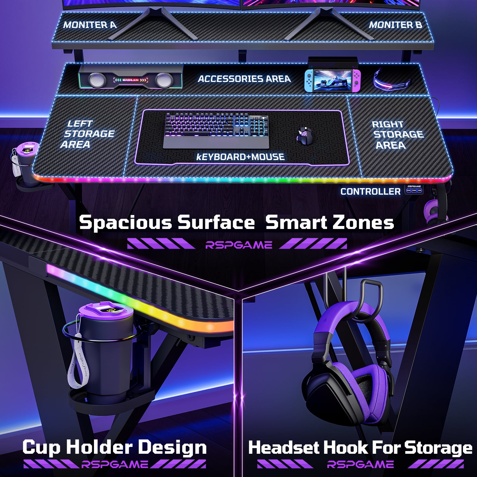 RSPGAME 43" Music Sync LED Gaming Desk,X-Shape Ergonomic Monitor Stand Gamer Table,PC Desk with Dynamic Lighting,Color Changing Office Desks,Black Racing