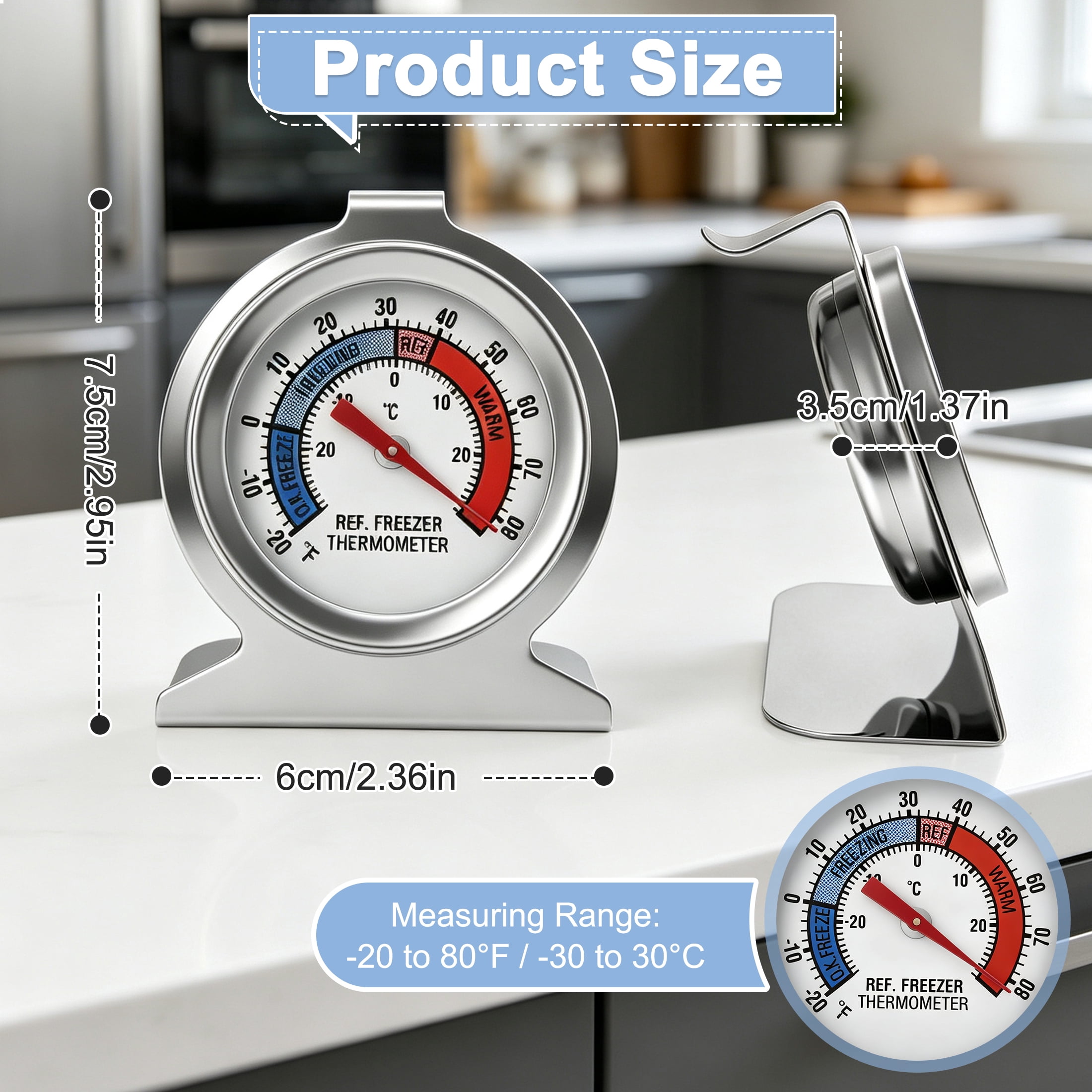 4‑Pack Refrigerator Freezer Thermometer, Stainless‑Steel Analog Dial Temperature Gauge, Dual ℃/℉ Scale, Hanging Standing Thermometer for Household Fridge & Commercial Cold‑Storage