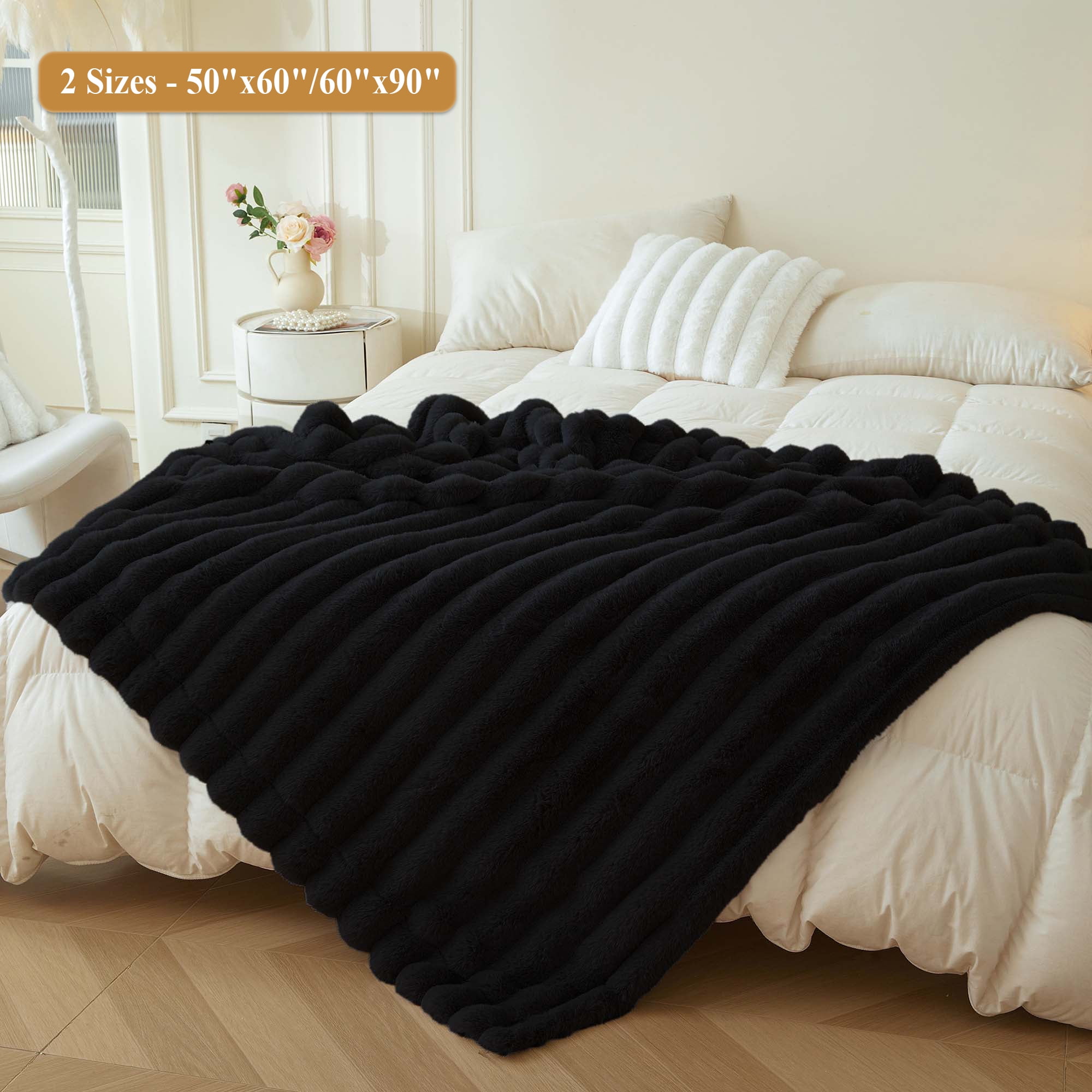 XeGe Fluffy Faux Rabbit Fur Throw, Luxury Ribbed Stripe Plush Fuzzy Blanket for Bed Couch Sofa Chair, Decorative Shaggy Throw Bedroom Living Room, Furry Blanket for Kids Teens Adults, 50x60, Black