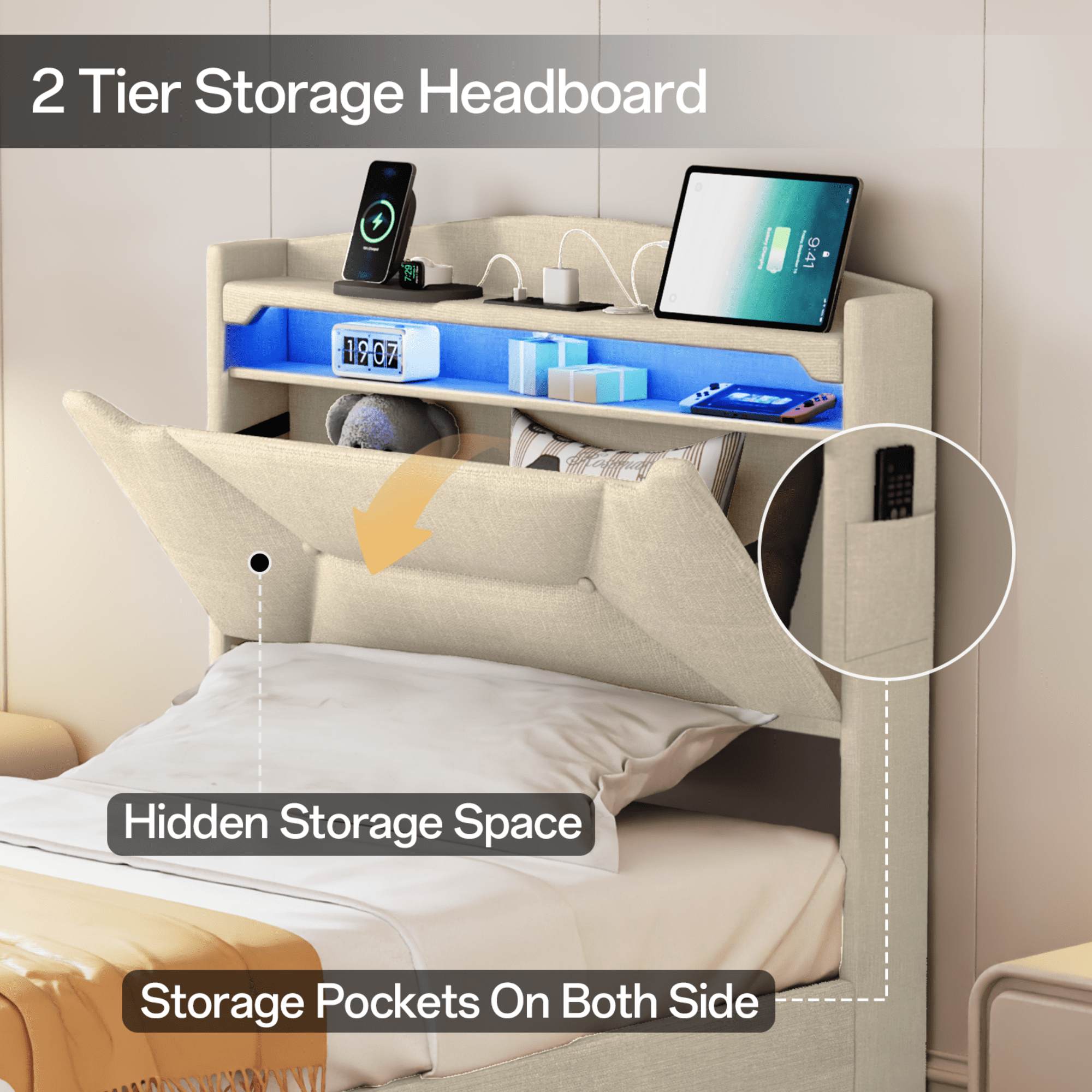 Gewnee Twin Size Upholstered Linen Bed Frame with Storage Headboard, Drawer & Charging Station, No Box Spring Needed,Beige