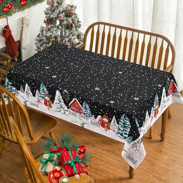 Christmas Tablecloth 60×84 Inch, Winter Snowflake Christmas Trees Table Cloth, Black Christmas Table Cloth Rectangle, Waterproof Washable Christmas Table Cover for Party Kitchen Dining Room