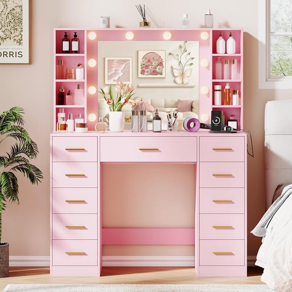 FANRAL 43" Vanity Desk with LED Mirror,11 Drawers & 4 Shelves,Built-in Power Outlet & Adjustable LED Lights,Dressing Table for Bedroom Beauty Grooming,Pink Vanity