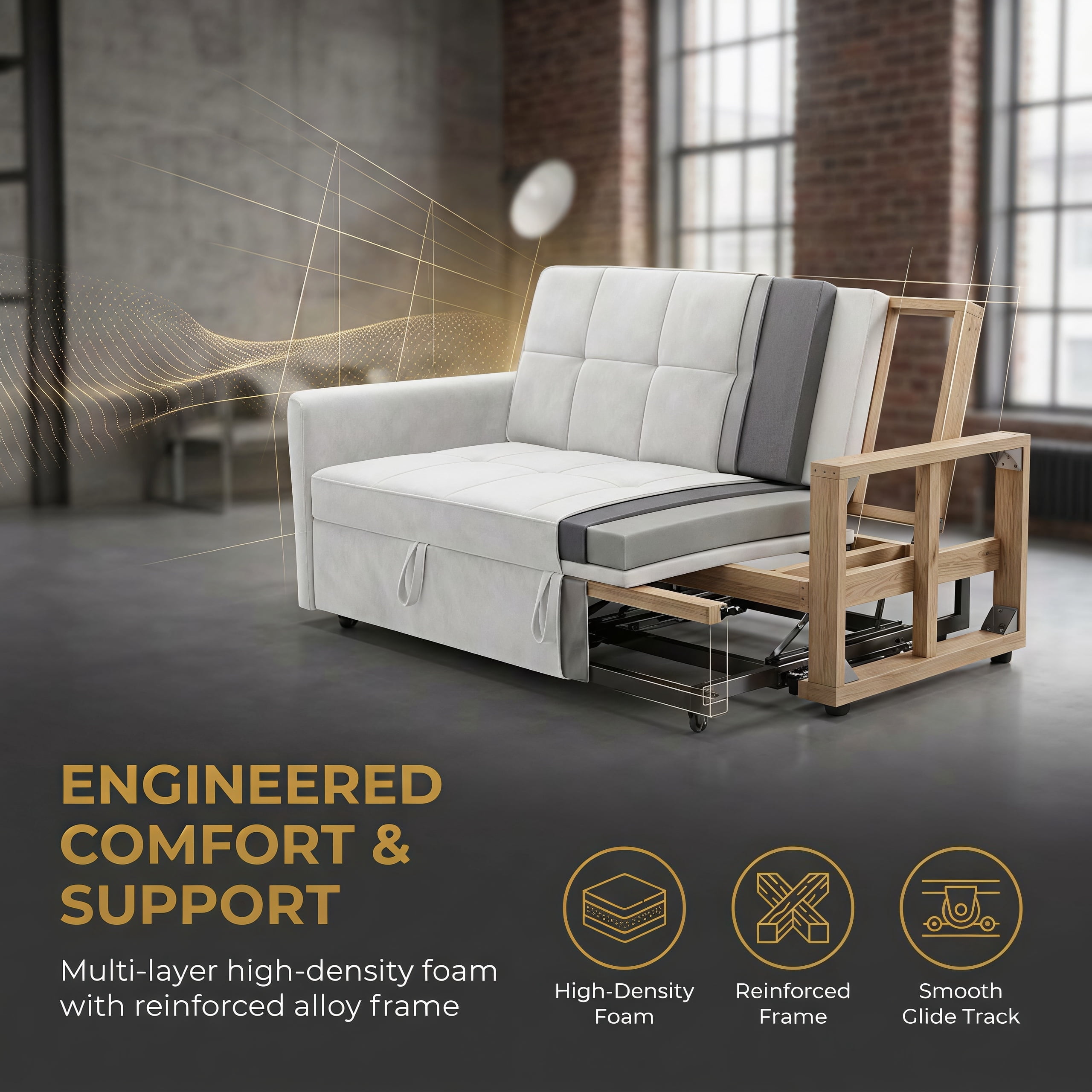 54" Convertible Sleeper Sofa Bed, Modern Velvet 3-in-1 Pull Out Loveseat Couch with 5-Position Backrest & Side Storage Pocket for Living Room, Beige