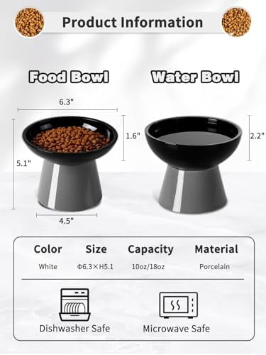 Elevated Cat Food and Water Bowls Set, Extra Wide and Raised Ceramic Feeder, Anti-Vomit Whisker-Free Pressure Feeding Bowl for Kittens Adult Small Dogs (Black, Food Bowl)