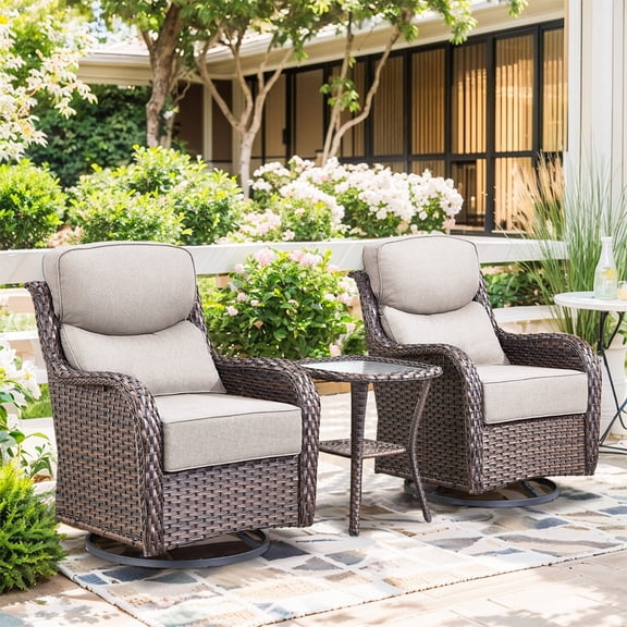 Patiobula Outdoor High Back Conversation Set,3-Piece Patio Wicker Swivel Glider Chairs Set with Side Table,All-Weather Rattan Chairs with 6-Inch Thick Removable Cushions for Porch, Pool,Brown/Beige