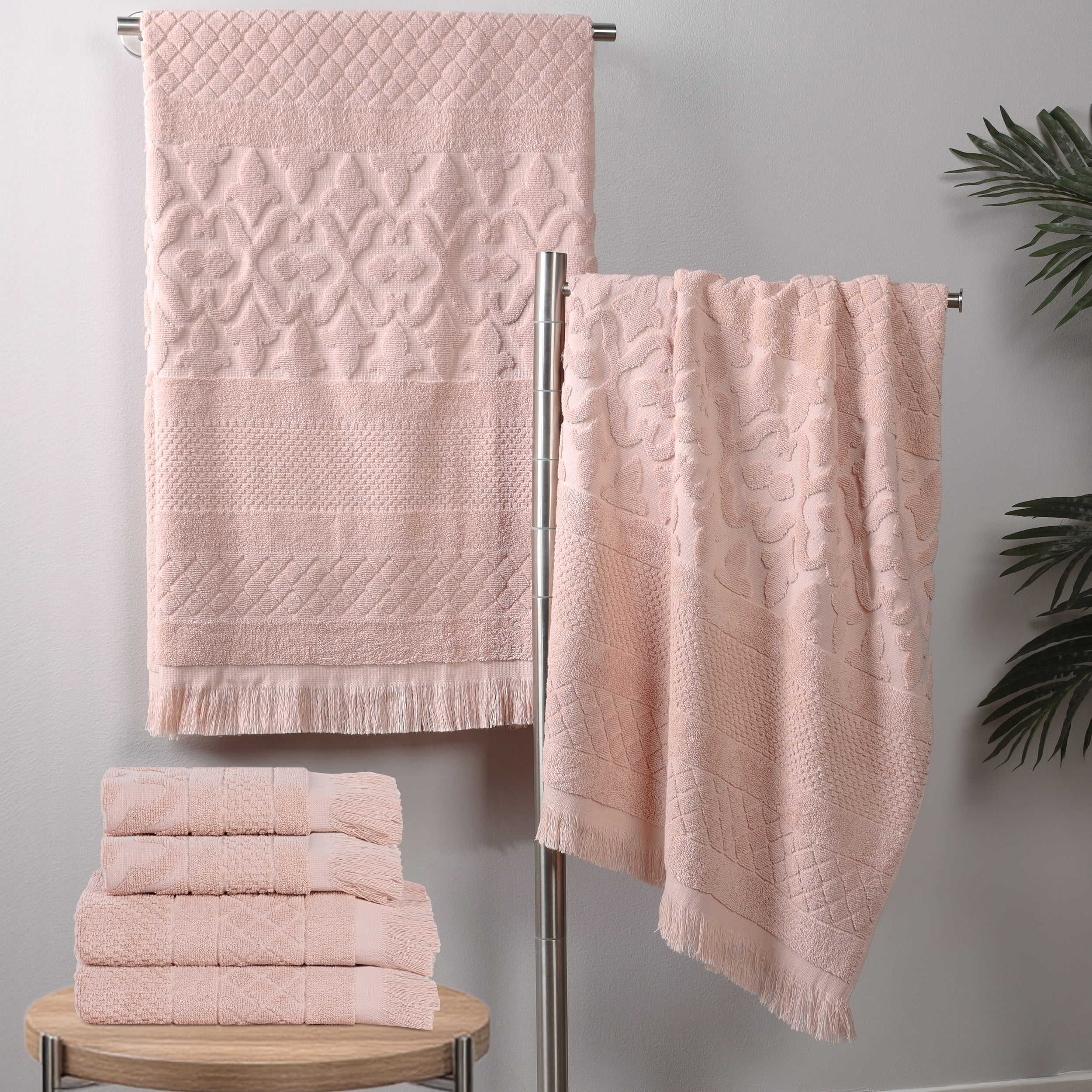 Superior Rolla Geometric Cotton 6 Piece Towel Set, Quick-Dry Ultra Soft Towels, Pink
