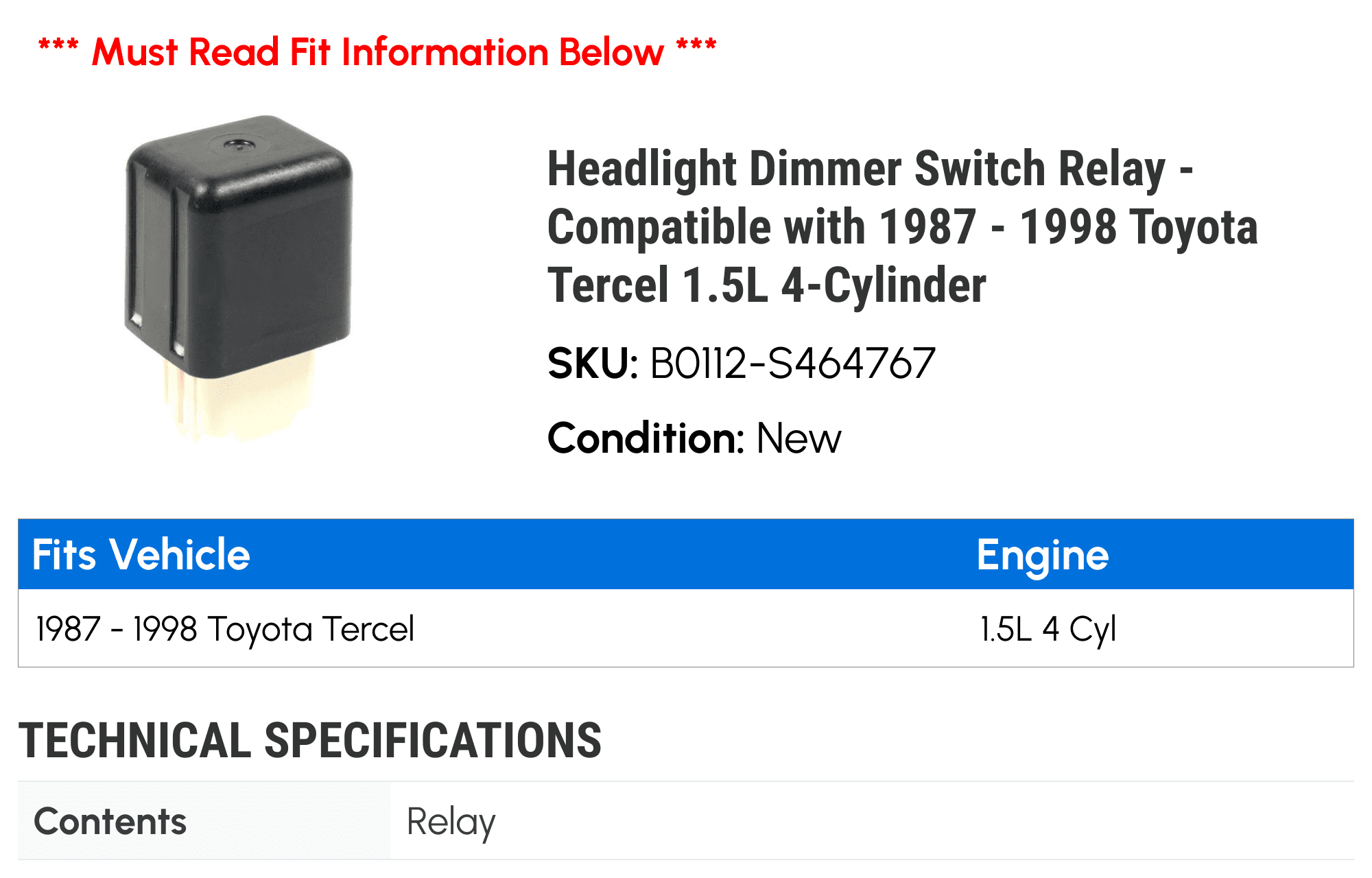 Headlight Dimmer Switch Relay Compatible With Toyota Tercel 1985-1999 - Direct Replacement