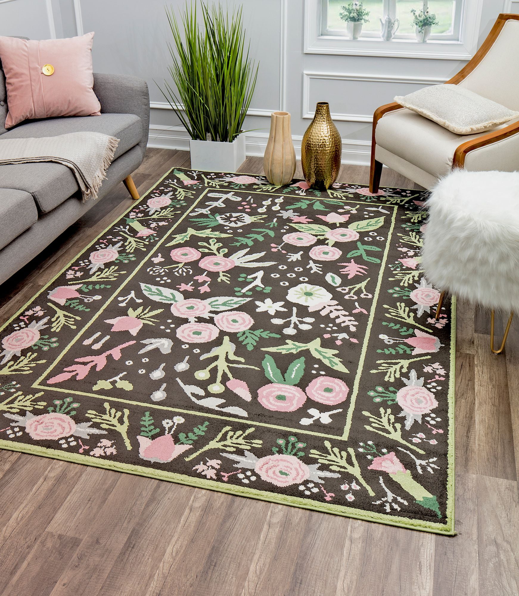 Rugs America Hanna VA30A Gardenia Pink Onyx Floral Transitional Black Area Rug, 5'x7'