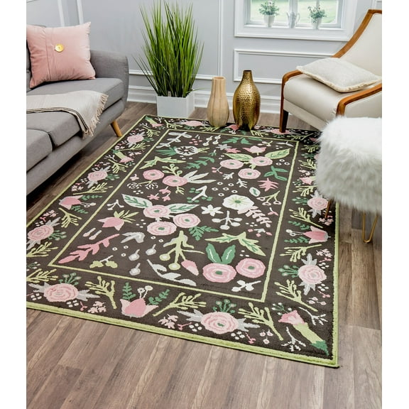 Rugs America Hanna VA30A Gardenia Pink Onyx Floral Transitional Black Area Rug, 9'x12'