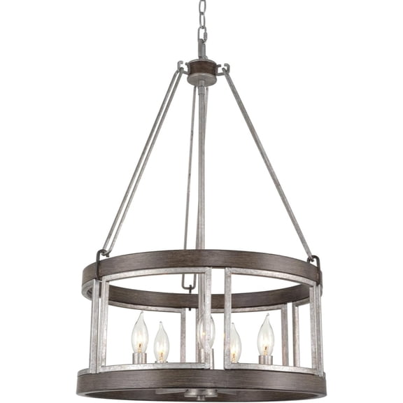 29" 5-Light Modern Farmhouse Drum Pendant Chandelier, Adjustable Height, Walnut Wood Style   Galvanized Steel Finish