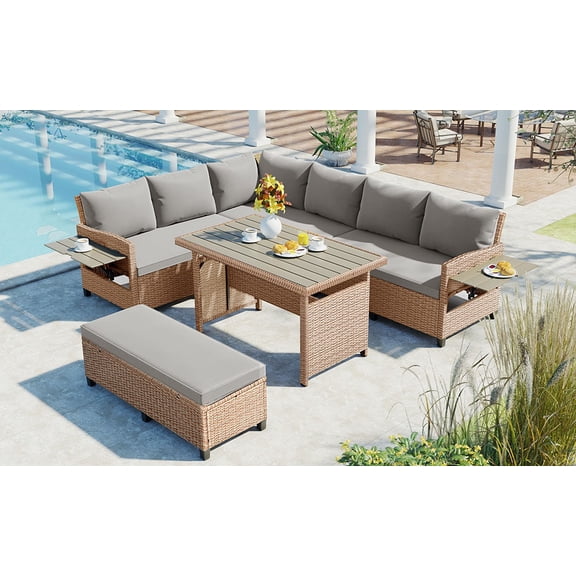 LiviNest 7-Seat Outdoor Patio Sofa Set: 5-Piece L-Shaped Sectional Furniture with Extendable Side Tables & Dining Table - All-Weather PE Wicker & Washable Cushions for Backyard Poolside Brown