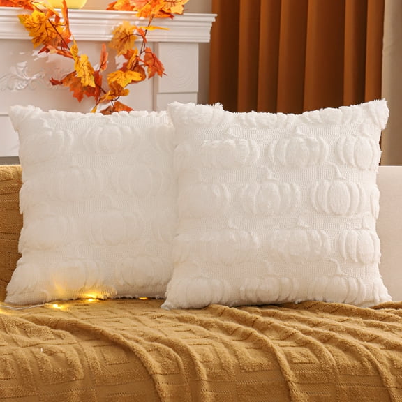 Tosleo Fall Throw Pillow Covers 18x18 Set of 2 White Pumpkin Decorative Pillow Cases Farmhouse Thanksgiving Plush Faux Fur Cushion Covers for Couch Sofa Bed