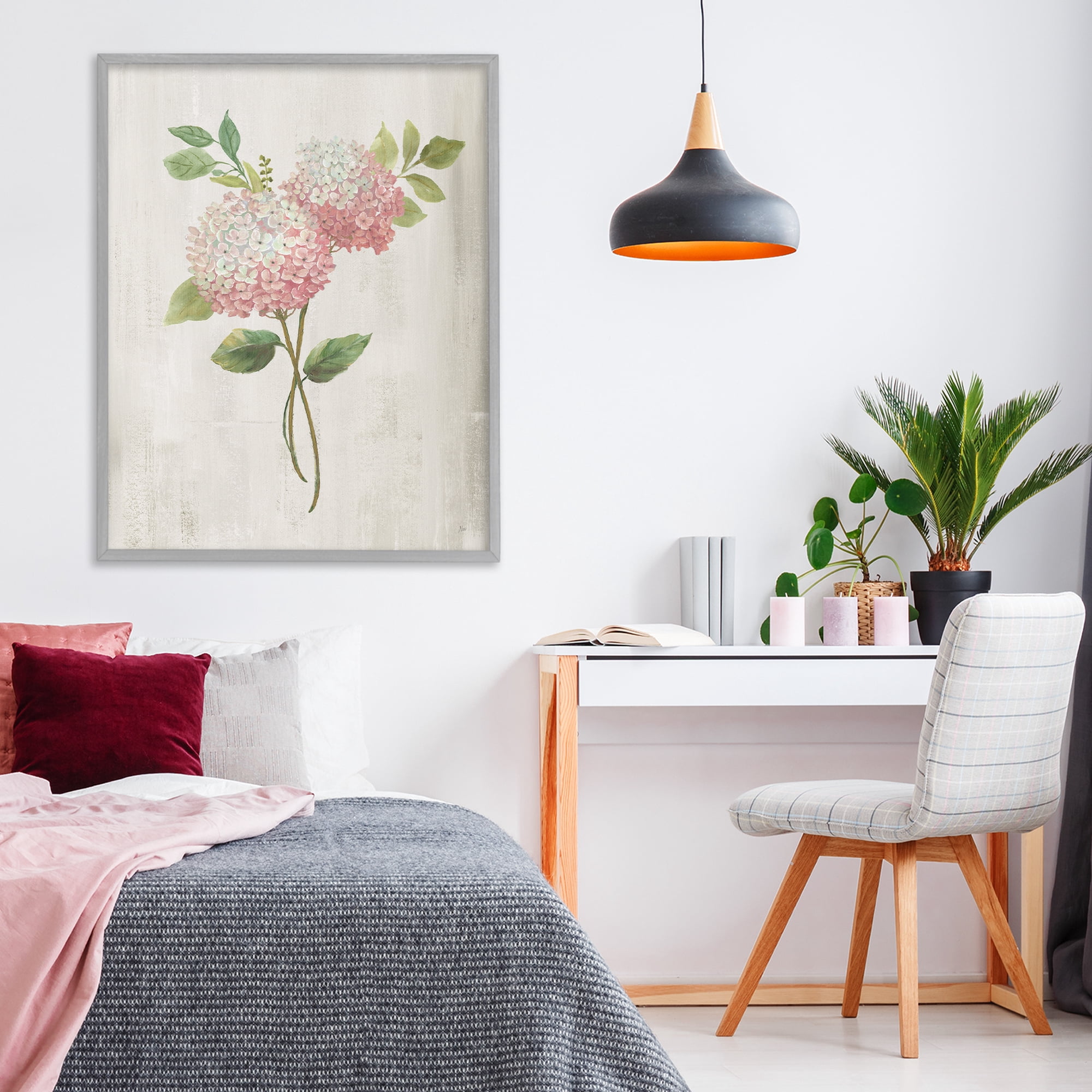 Stupell Industries Pink Hydrangea Paired Stems Gray Framed Giclee Art, design by Nan