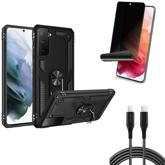 Privacy Screen Protector & Hybrid Case Cover & 10ft Long USB-C Cable for Samsung Galaxy S22 (6.1") - TPU Film Fingerprint Works & Metal Ring Kickstand & PD Fast Charger Cord Power Accessory Bundle