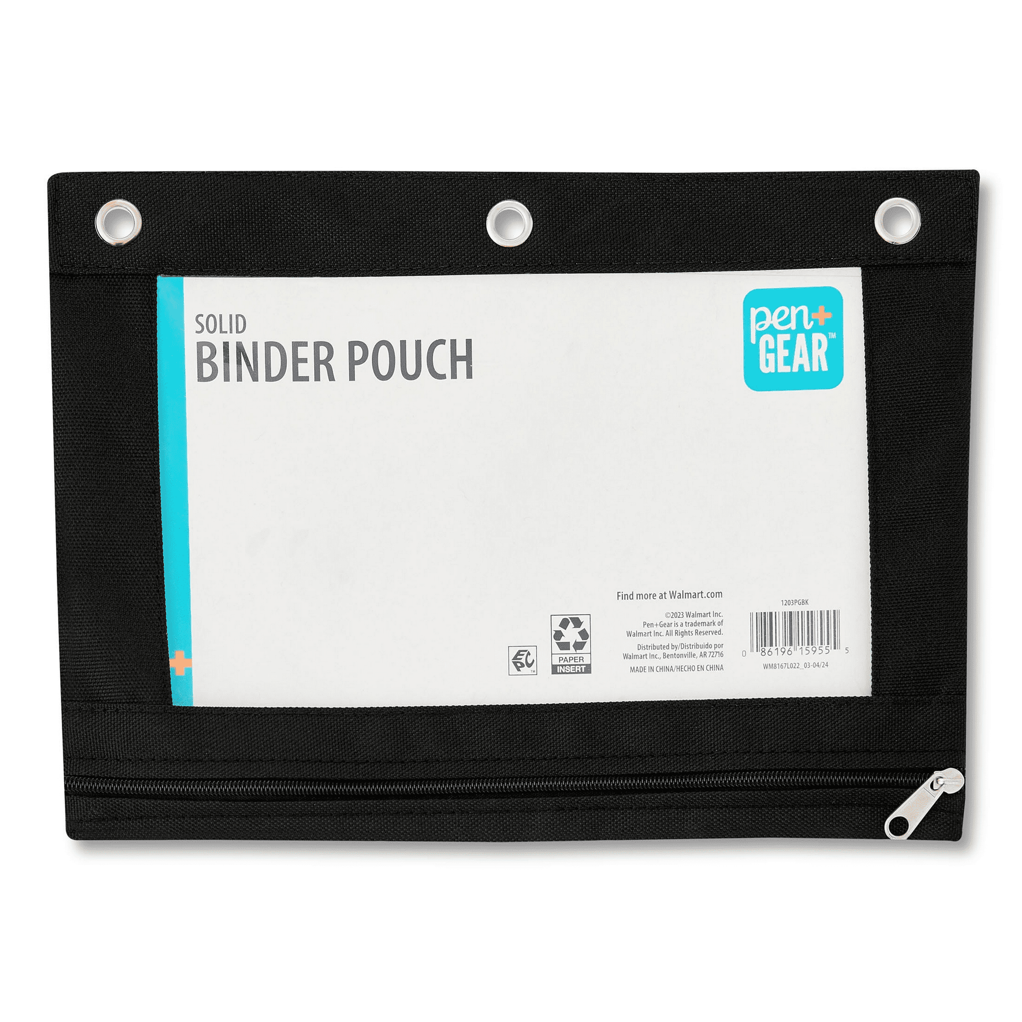 Pen + Gear Black Solid Polyester Zipper Binder Pouch, Pencil Pouch For Binder