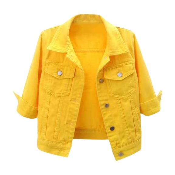 Unir Stretch Solid Tone Rolled Three Quarter Sleeve Cropped Denim Coat Women Lightweight Loose Button Front Layering Jacket 1PC S-XXL Plus Size Friendly