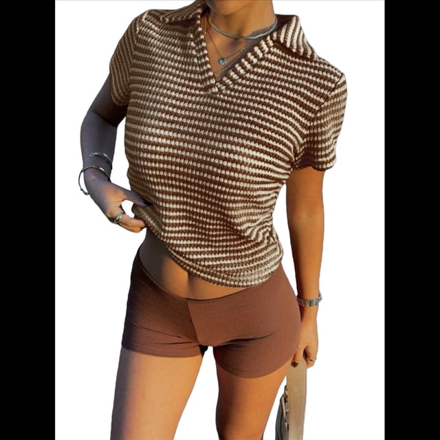 Camiseta de Corta con Cuello en V para Mujer, Sin Mangas, con Cuello A Rayas, Prendas Casuales de Moda 2025. Color Café L