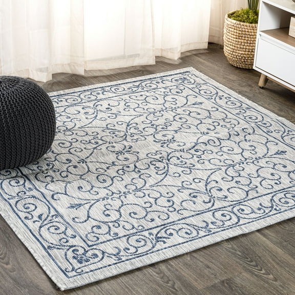 JONATHAN Y SANTA MONICA 5' Square Area Rug, Charleston Vintage Filigree Textured Weave - Gray/Navy, SMB106C-5SQ