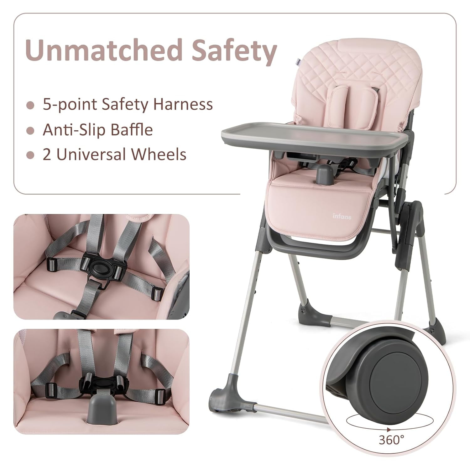 INFANS Baby High Chair, Convertible Quick Folding Portable Highchair for Babies and Toddlers with Adjustable Height Backrest Footrest 2 Wheels Removable Tray, Easy to Clean PU Seat