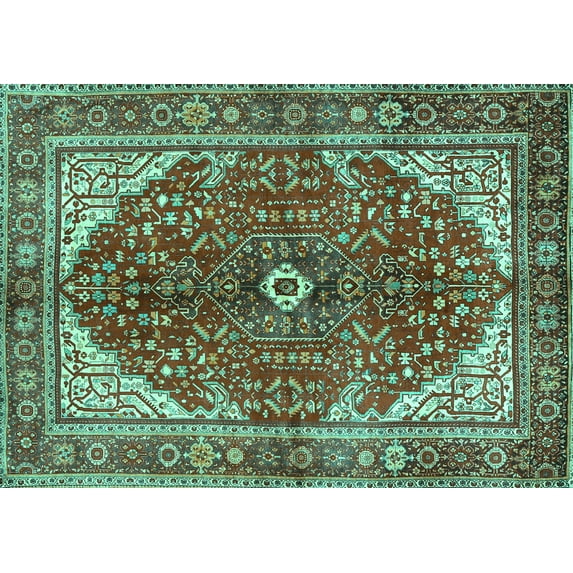 Ahgly Company Machine Washable Indoor Rectangle Medallion Turquoise Blue Traditional Area Rugs, 7' x 10'