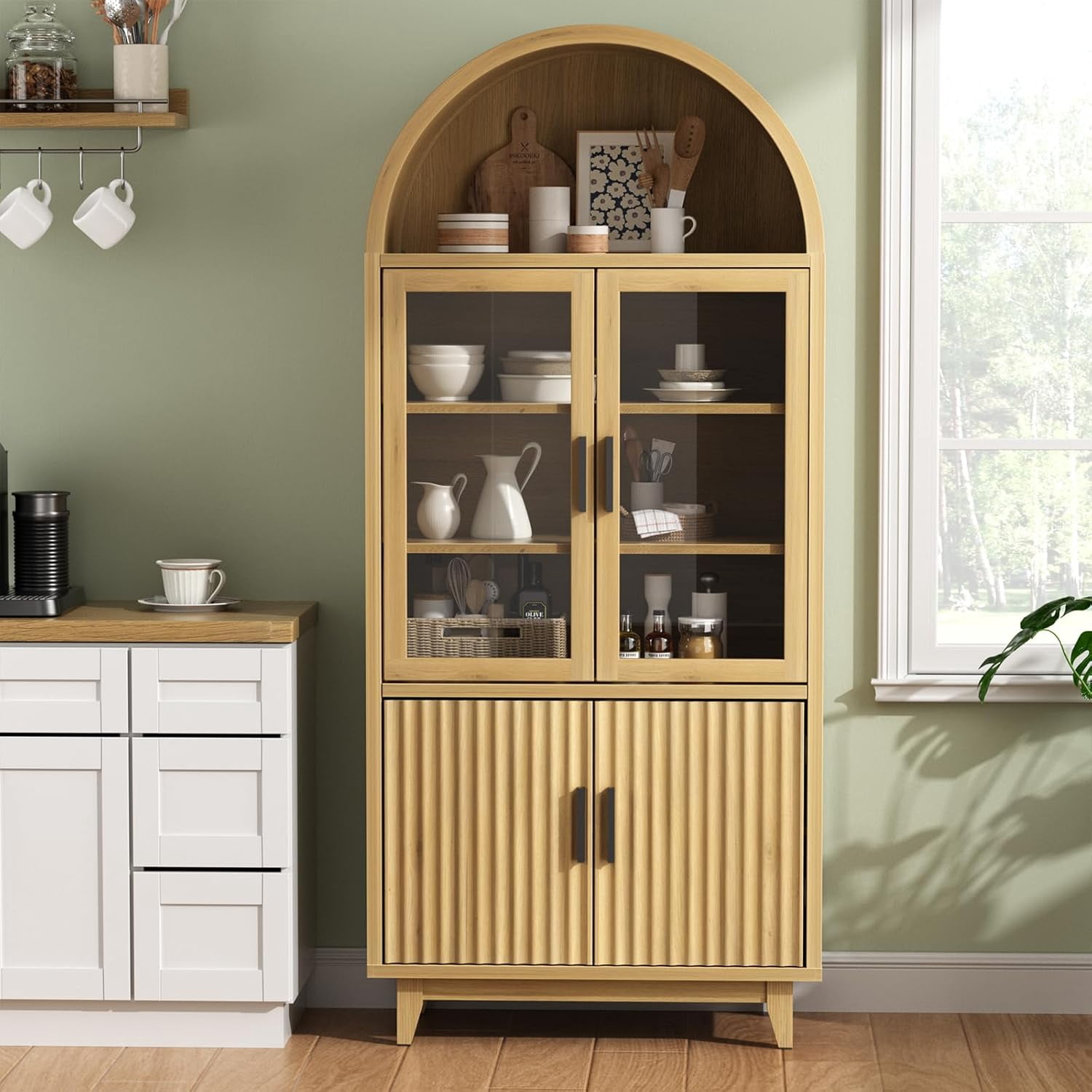 Vabches Arched Kitchen Pantry Storage Cabinet, 71" Tall Fluted Cabinet with 2 Glass Doors, 2 Doors for Kitchen, Living Room, Bedroom
