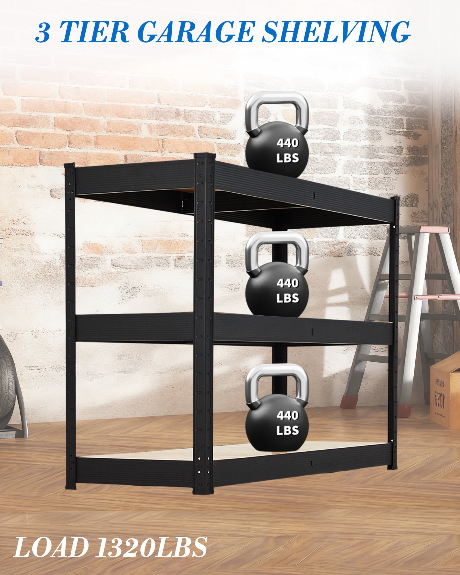 3-Tier Adjustable Storage Shelves 60" x 24" x 36", Heavy Duty Metal Garage Shelving Unit with 1500 lb Capacity, Rust-Resistant Utility Rack for Warehouse, Pantry, Laundry Room, Basement