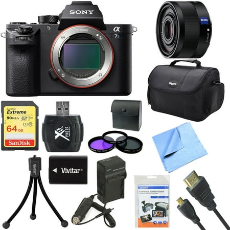 Sony a7S II Full-frame Mirrorless Interchangeable Lens Camera Body 35mm Lens Bundle includes a7S II Body, 35mm Full Frame Lens, 64GB Memory Card, Bag, 49mm Filter Kit, Beach Camera Cloth and