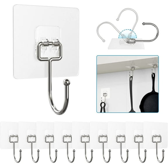 Large Adhesive Hooks for Hanging Heavy Duty 60Ib(Max) 10 Packs, Waterproof & Rustproof Wall Hangers Without Nails for Kitchen, Bathroom, Home, Office, Coat, Towel, Plant, Transparent