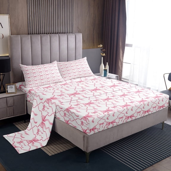 Pink Bow Bed Sheets Teen Women,Cute Ribbon Bowknot Full Bedding Sets Kawaii Watercolor Bow Tie Sheet Set,Pink White Princess Bow Bed Sheet Set 4 Piece